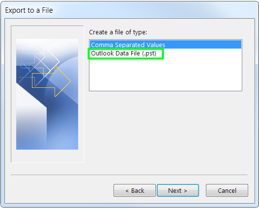 Select PST file export