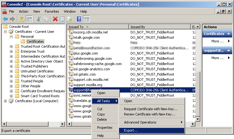 Export the user certificate